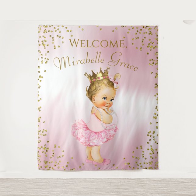 Princess Ballerina Baby Shower Backdrop Blonde Tapestry (Front)
