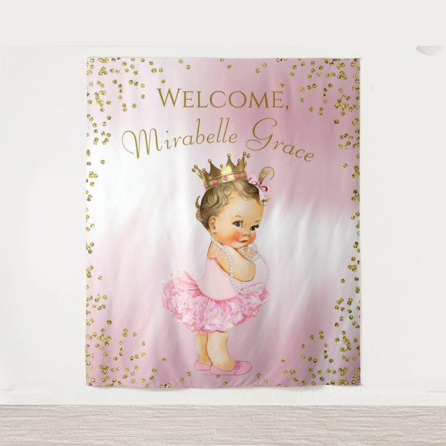 Princess Ballerina Baby Shower Backdrop Brunette Tapestry (Front)