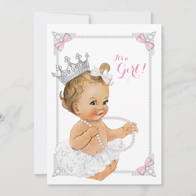 Princess Ballerina Tutu Pink Bow Pearl Baby Shower Invitation (Front)