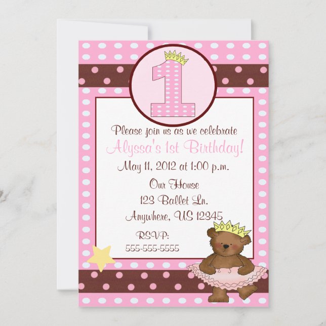 Princess Ballet Bear Girls 1st Birthday Invitation (Front)