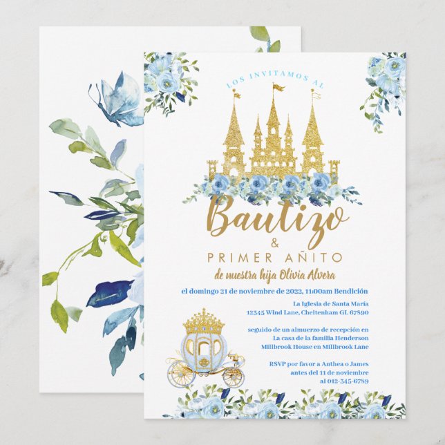 Princess Baptism Invite Bautizo Invitations (Front/Back)