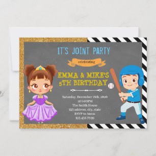 Princess baseball joint party invitation