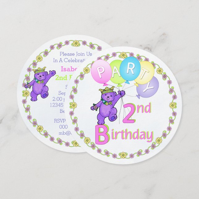 Princess Bear 2nd Birthday Party Custom Invitation (Front/Back)