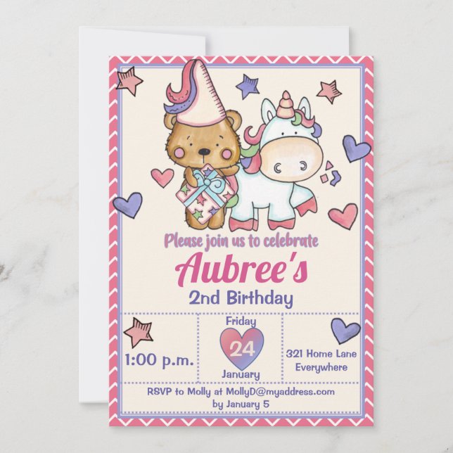 Princess Bear and Unicorn Birthday Invitation (Front)