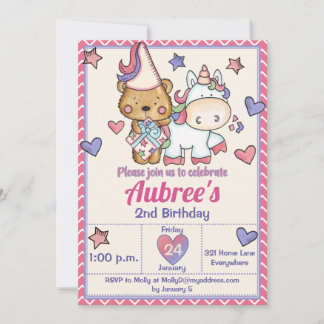 Princess Bear and Unicorn Birthday Invitation