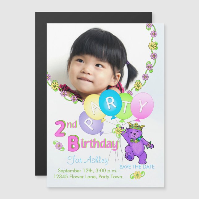 Princess Bear Custom 2nd Birthday Party Magnetic Invitation (Front/Back)