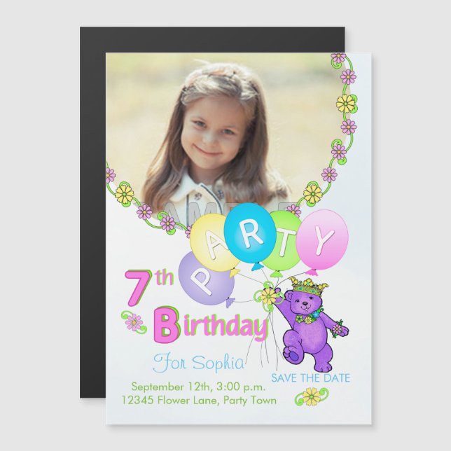 Princess Bear Custom 7th Birthday Party Invitation (Front/Back)