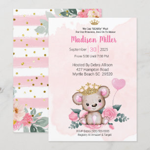 Princess Bear Pink Floral Baby Shower Invitation