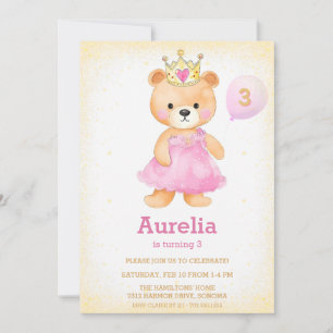 Princess bear pink girl birthday Invitation