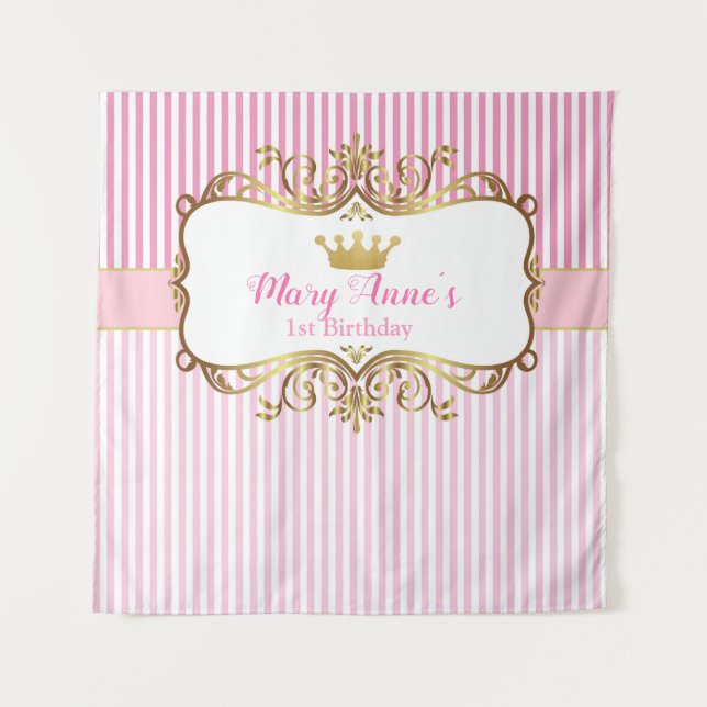 Princess Birthday Backdrop Banner (Pink & Gold) Tapestry (Front)
