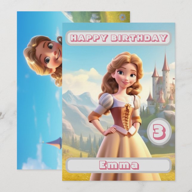 Princess Birthday Card Personalised Name Age Kids (Front/Back)