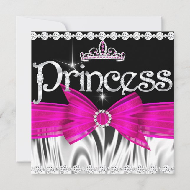 Princess Birthday Hot Pink Bow Black Silver Tiara Invitation (Front)
