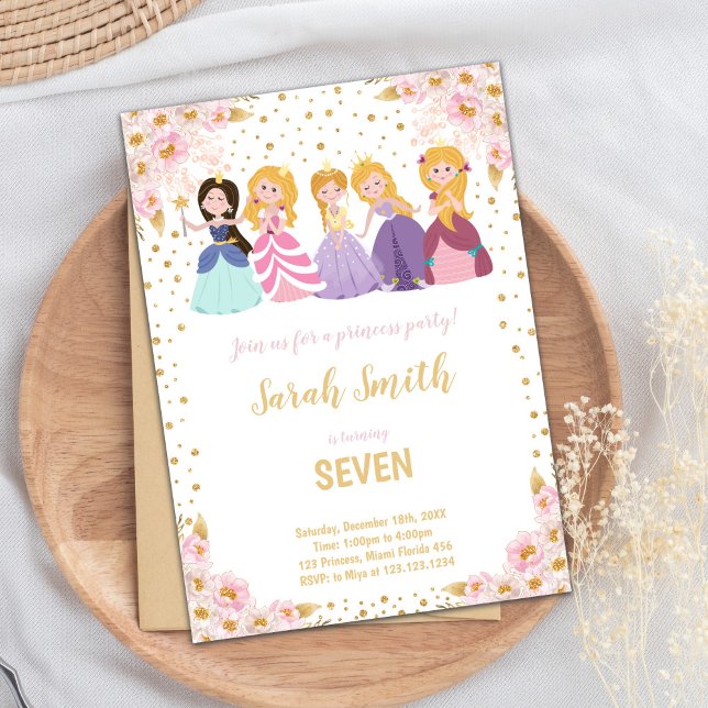 Princess Birthday Invitation (Pink Floral Glitter Princess Cards)