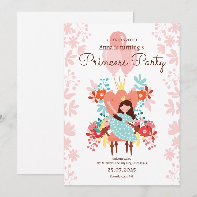 Princess Birthday Invitation, Editable Princess  Invitation (Front/Back)