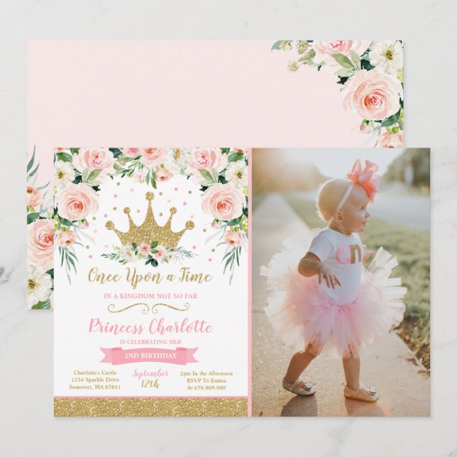 Princess Birthday Invitation Gold Princess Crown (Front/Back)