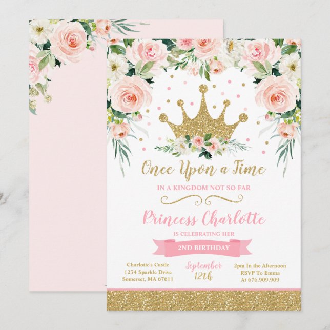 Princess Birthday Invitation Gold Princess Crown (Front/Back)