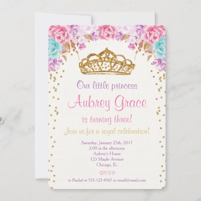 Princess birthday invitation, pink purple gold invitation (Front)