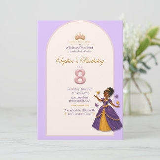 Princess birthday invitation violet and gold