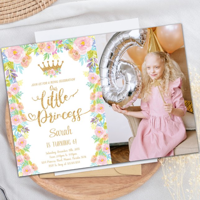 Princess Birthday Invitation with Photo (Glitter Crown Floral Princess Birthday Photo Invitation)