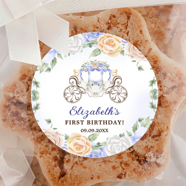 Princess Birthday Party Carriage Blue Floral Classic Round Sticker (Creator Uploaded)
