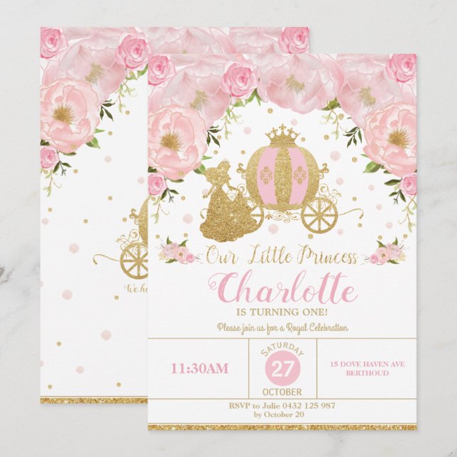 Princess Birthday Party Carriage Pink and Gold Invitation (Front/Back)