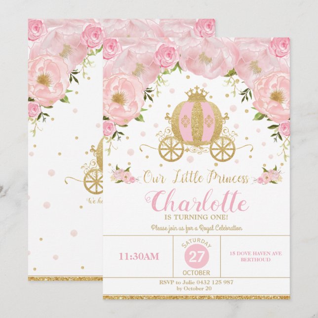 Princess Birthday Party Carriage Pink Floral Invitation (Front/Back)