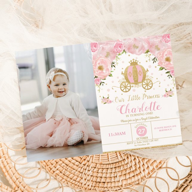 Princess Birthday Party Carriage Pink Floral Photo Invitation (Creator Uploaded)