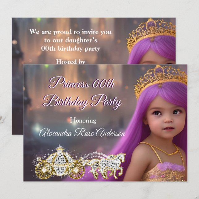 Princess Birthday Party Carriage purple golden Invitation (Front/Back)