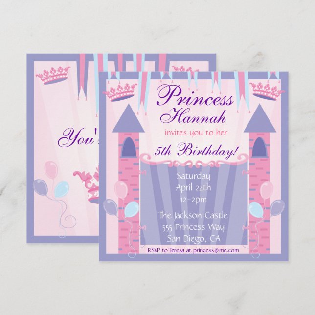 Princess Birthday Party Invitation Castle (Front/Back)