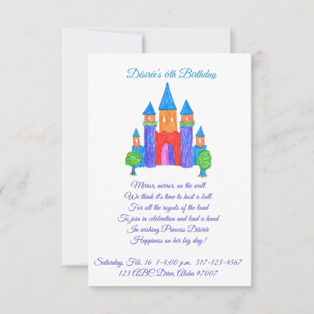 Princess birthday party invitation - with rhyme (Front)