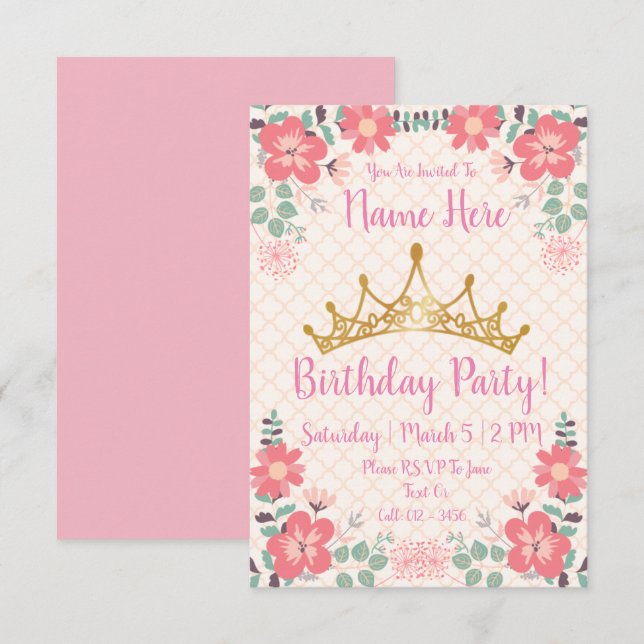 Princess Birthday Party Invitations (Front/Back)