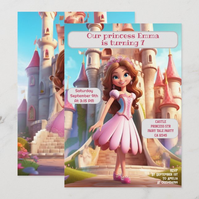 Princess Birthday Party Personalised Name Age Invitation (Front/Back)
