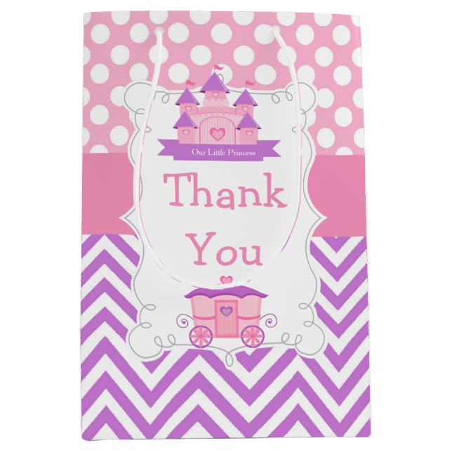 Princess Birthday Party Pink and Purple Thank You Medium Gift Bag (Front)
