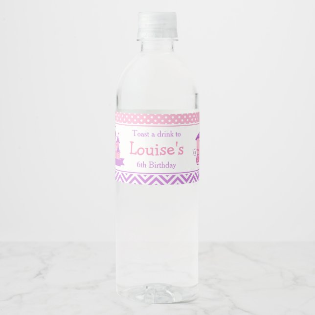 Princess Birthday Party Pink and Purple Water Bottle Label (Front)