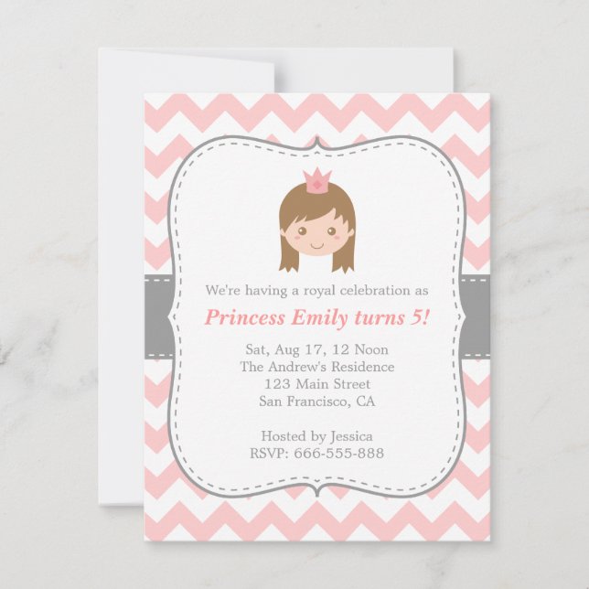 Princess Birthday Party, Pink and White Chevron Invitation (Front)