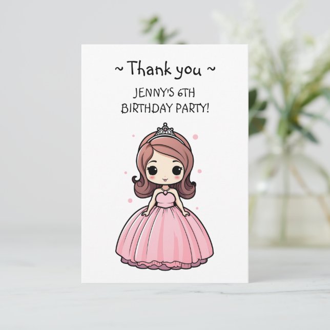 Princess Birthday Party Pink Gown Cute Cartoon Thank You Card (Standing Front)