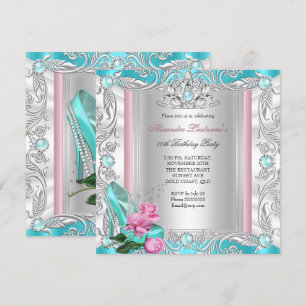 Princess Birthday Party Teal Pink Rose High Heels Invitation