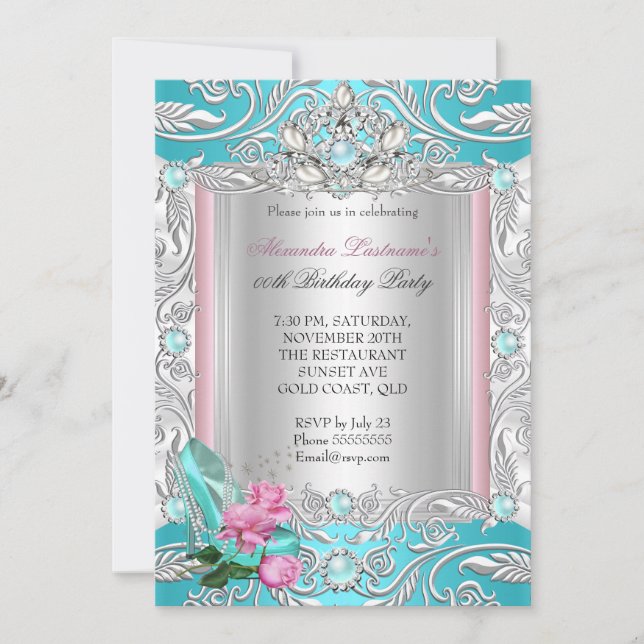 Princess Birthday Party Teal Pink Rose High Heels Invitation (Front)