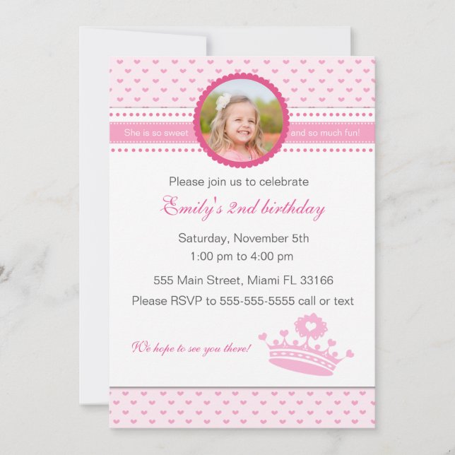 Princess Birthday Photo Invitation Girl Pink (Front)