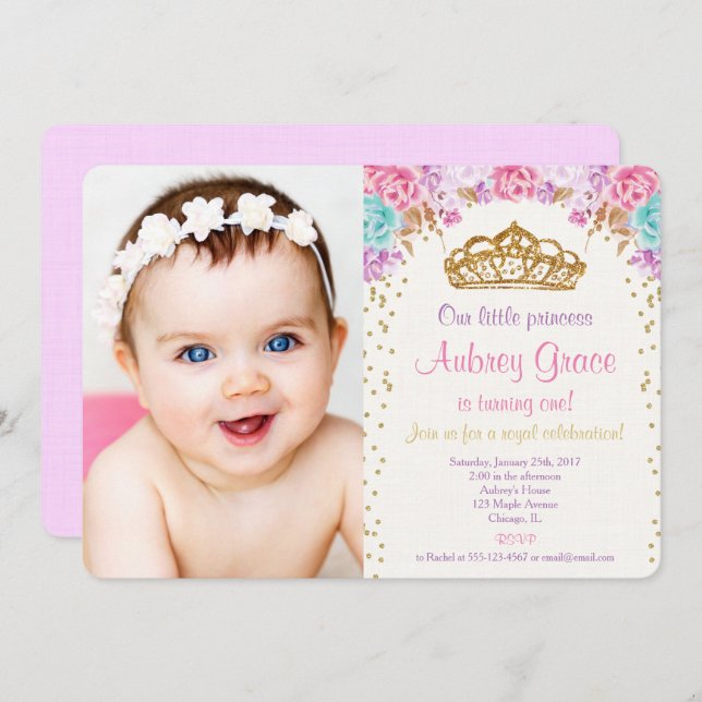 Princess birthday photo pink gold purple invitation (Front/Back)