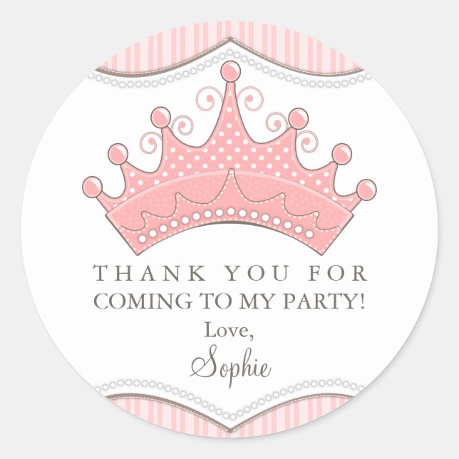 Princess Birthday Pink Crown Thank You Sticker (Front)