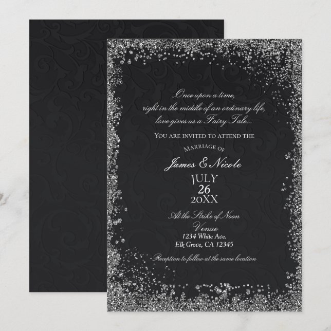 Princess Black Damask Elegant Storybook Wedding Invitation (Front/Back)