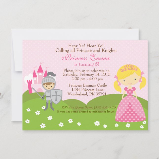 Princess (blonde) and Knight birthday invitation (Front)