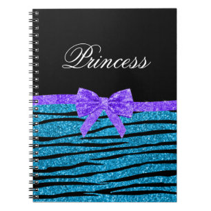 Princess blue glitter zebra stripes purple bow notebook
