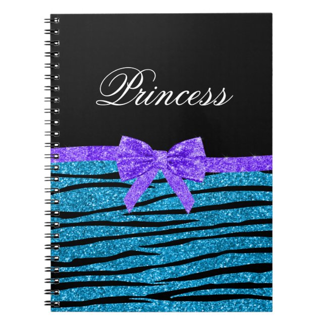 Princess blue glitter zebra stripes purple bow notebook (Front)