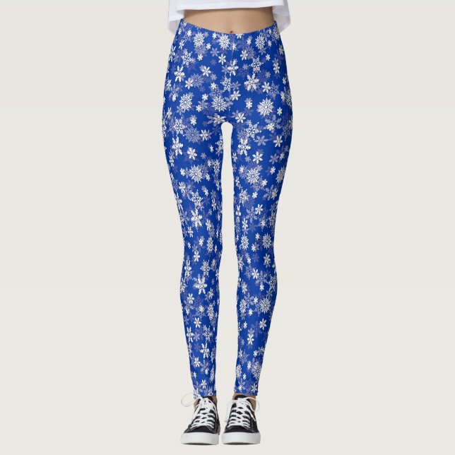 Princess Blue & White Christmas Holiday Snowflakes Leggings (Front)