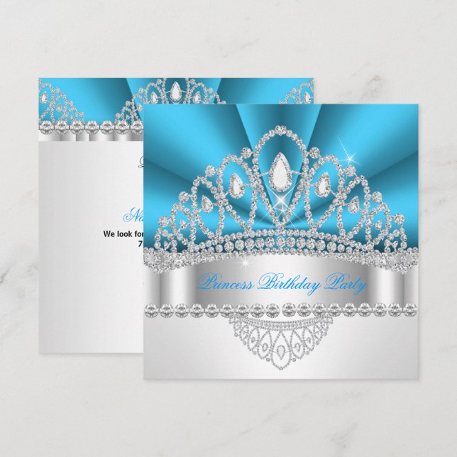 Princess Blue White Diamond Tiara Birthday Party Invitation (Front/Back)