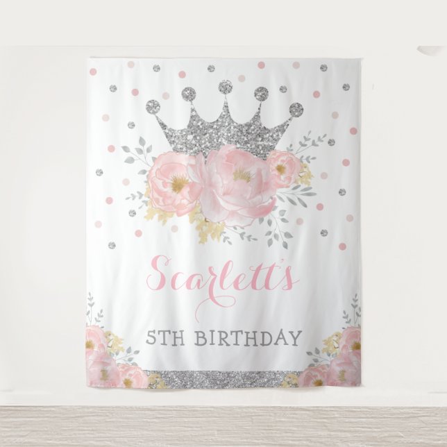 Princess Blush Floral Silver Crown Baby Birthday Tapestry (Front)