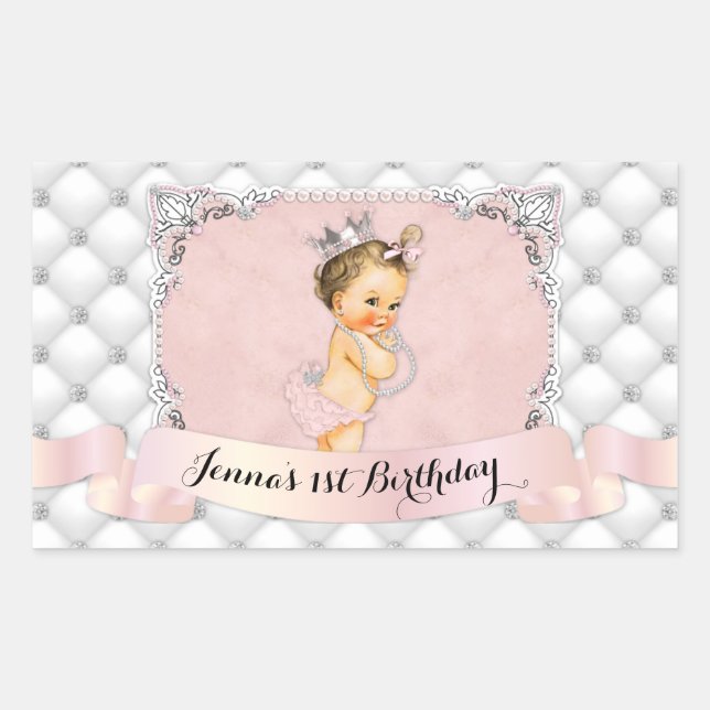 Princess Blush Pink Diamonds Pearls Rectangular Sticker (Front)