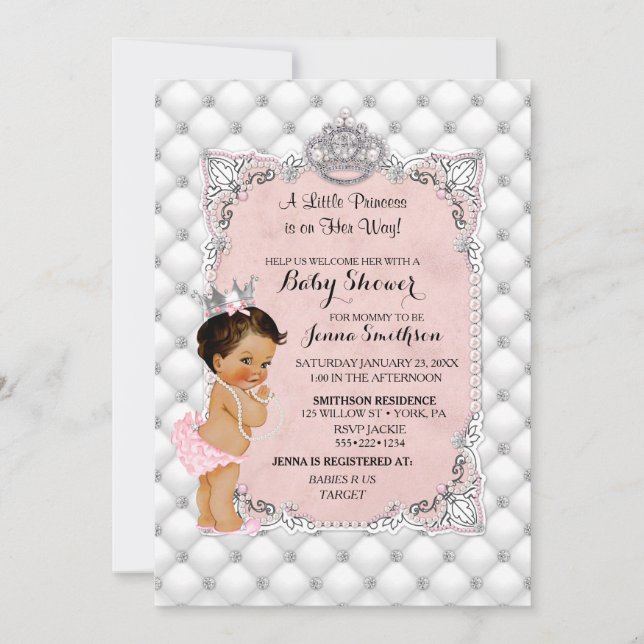 Princess Blush Pink Pearls Diamonds Baby Girl Invitation (Front)